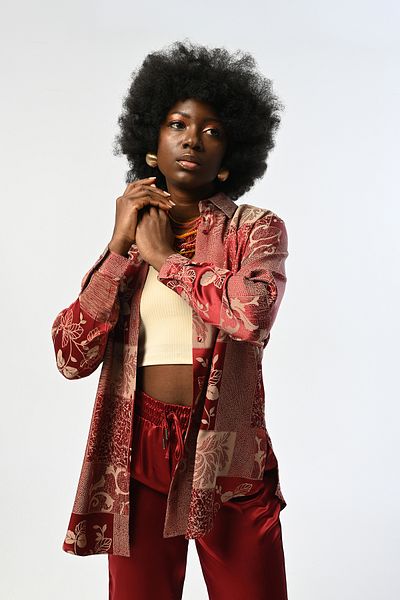 Orfeo Negro Cămașă OVERSIZE CU MODEL MIXT DE BURGUNDY DE FEMEI