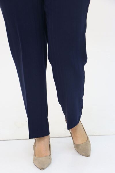 Eslina 49034 Large Size Striped Crepe Trousers with Half Elastic Waist - Navy Blue