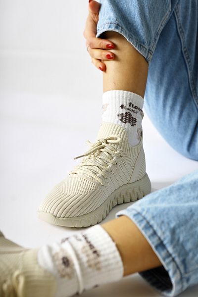 Limoya Astera Ecru Lace-Up Knitted Women's Sneakers