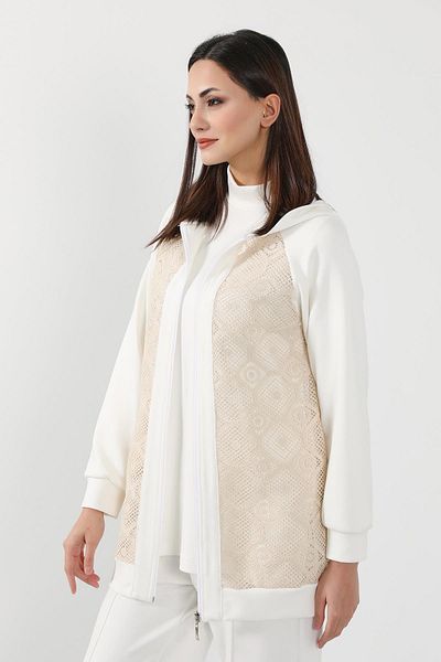 Aisha's Design Lace Detailed Zippered Hooded Cardigan Sweat,Sw-10