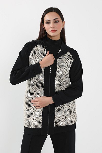 Aisha's Design Lace Detailed Zippered Hooded Cardigan Sweat,Sw-10