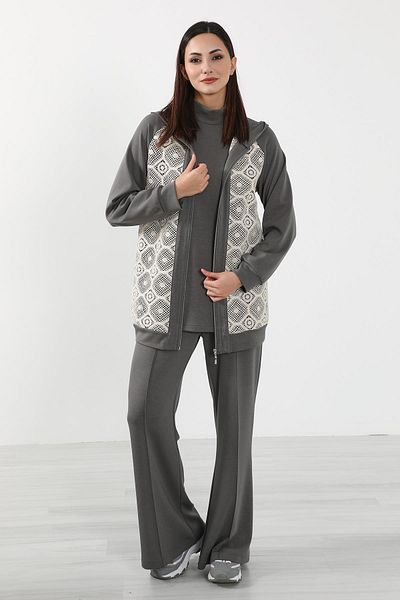 Aisha's Design Lace Detailed Zippered Hooded Cardigan Sweat,Sw-10