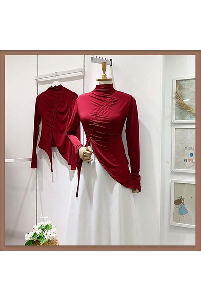 Faya Boutique Gathered Burgundy Blouse with Asymmetrical Cut