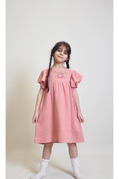 OZZY KİDS Girl's Cross Stitch Embroidered Muslin Fabric Summer Dress