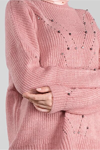 TRENDTESETTÜR KADIN PEMBE (GÜL KURUSU) TAŞLI TRİKO KAZAK 5605