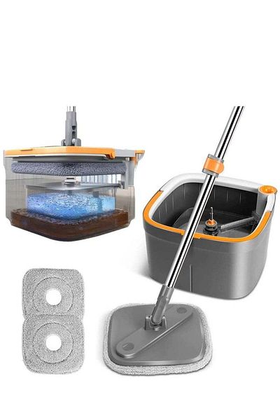 ALMUFARREJ Rotary Squeeze Mop and Bucket Microfiber Mop Pads Hand Free Wringing Floor Clean Mop with 2 Pads