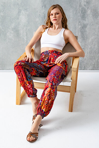 GİYSA Red Ethnic Patterned Women's Baggy Yoga Pants 100% Viscose Double Pocket - 2460