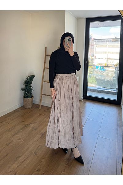 She Olive Kraş Skirt with Elastic Waist