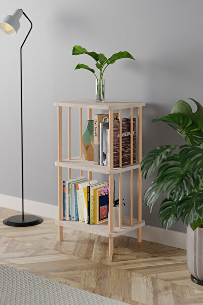 EGEMODÜLER Dekoratif 3 Raflı Ahşap Parmaklıklı Kitaplık Raf Ahşap Gazetelik A...