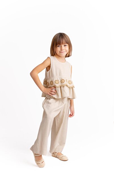 Oliven The Kid Bluza za devojčice sa volanima na struku Vezena Lan prirodna