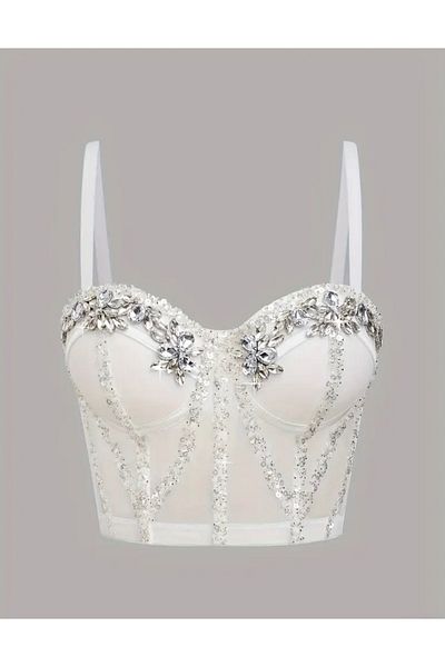 Store White Bustier Party Gown with Sparkling Stones and Pearl Detail- Size m