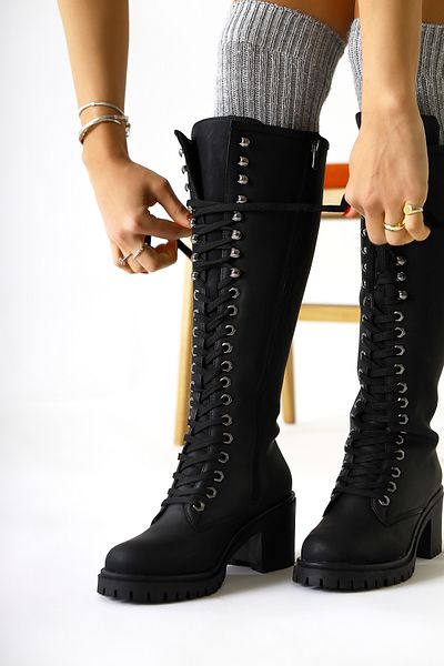 Limoya Γυναικείες μπότες Bella Black Lace Up και Οβάλ με τακούνι με φερμουάρ