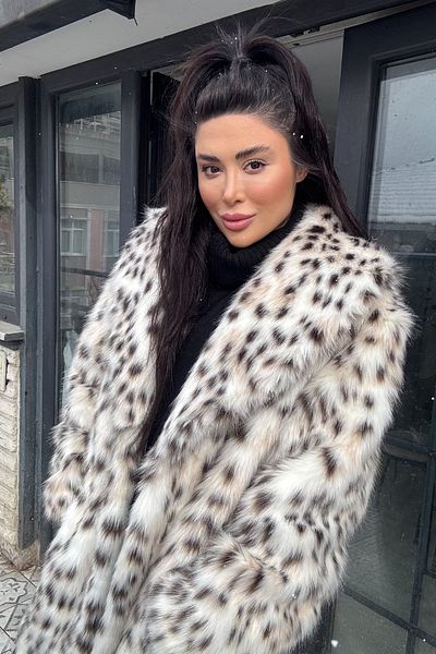 Açelya Okcu Premium English Collar Mob Wife Faux Fur Maxi Women's Coat