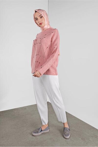 TRENDTESETTÜR KADIN PEMBE (GÜL KURUSU) TAŞLI TRİKO KAZAK 5605