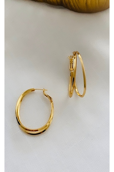 VNS Accessories Çelik İkili Görünüm Oval Model Küpe (4 CM)