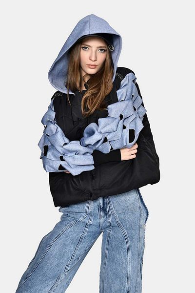 DQMANE Women's Design down Jacket Black Hooded Shoulder Stone Detailed Sleeves Ripped Pattern