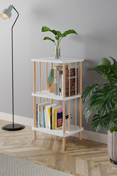 EGEMODÜLER Dekoratif 3 Raflı Ahşap Parmaklıklı Kitaplık Raf Ahşap Gazetelik Ayakkabılık 3 Katlı Düzenleyici