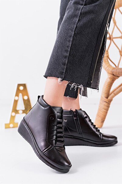 Wanetti Siyah Kadın Deri Bot Kışlık Bağcıklı Fermuarlı Içleri Elyaflı Ortopedik Anne Botu Yarım Kısa Günlük