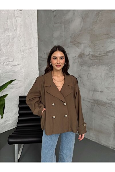 Elif Özbey Butik Kahverengi Apoletli Kısa Trenç