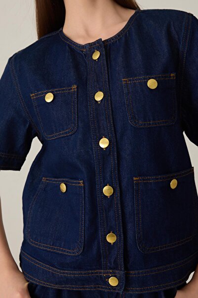 Setre Jachetă de blugi cu mânecă scurtă, fără guler, cu nasturi și buzunare bleumarin