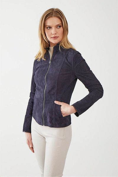 Deriderim Navy Blue Pansy Slim Fit Zippered Unlined Women's Double Sided Light Genuine Suede Jacket