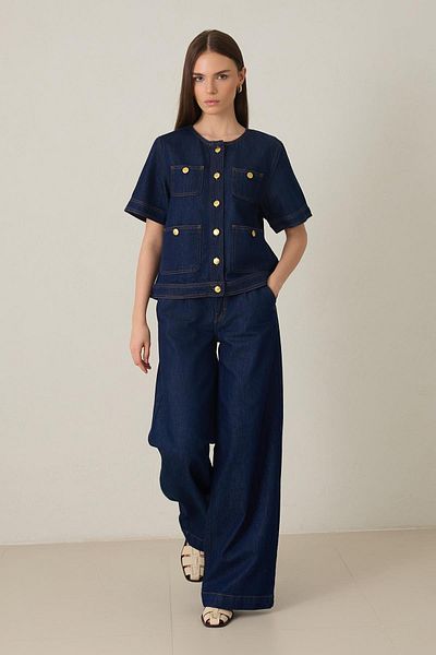 Setre Navy Blue Button and Pocket Detailed Short Sleeve Collarless Denim Jacket