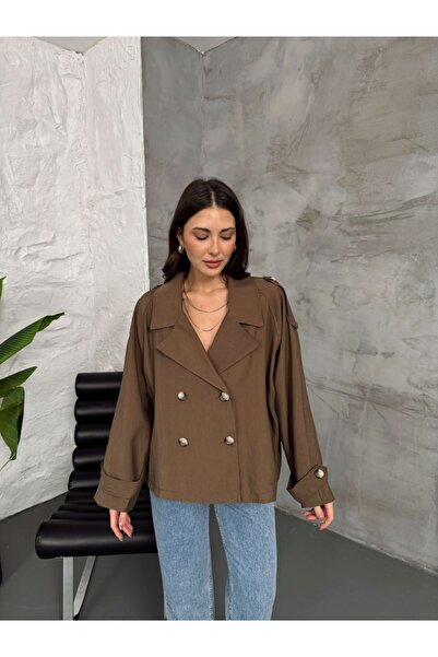 Elif Özbey Butik Kahverengi Apoletli Kısa Trenç