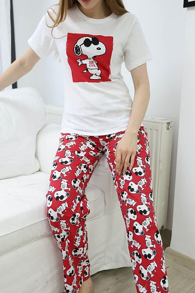 Laviera Women's Red Top and Bottom Pajama Set, Cartoon Character Printed