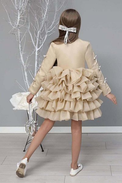 Riccotarz Girl's V-Neck Cut Sleeves Ribbon Detailed Layered Fabric Puffy Beige Evening Dress