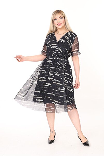 modayız Double Breasted Collar Large Size Short Sleeve Dress 12D-2643