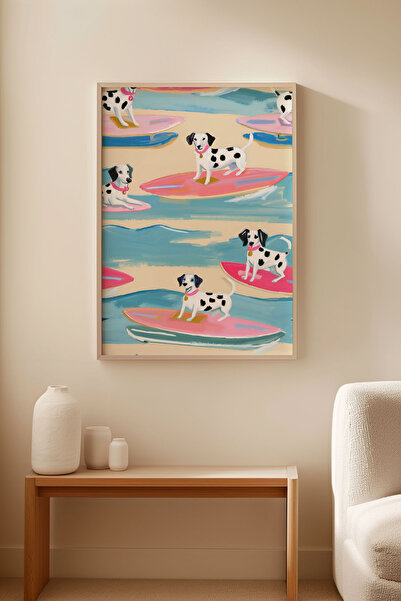 Alf Portraits Surfing Dogs Çerçevesiz Poster, Yaz ve Deniz Temalı Köpekli Duv...