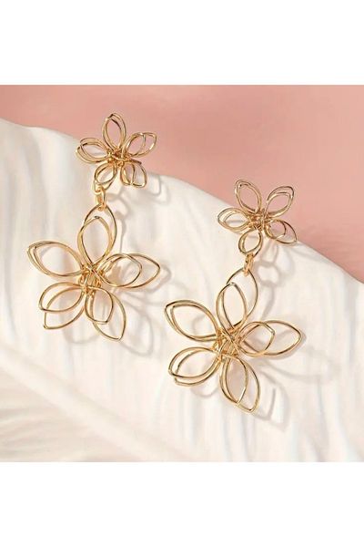 ER TAKI Gold Colored Flower Design Stylish Engagement Henna Wedding Evening Dress Earrings