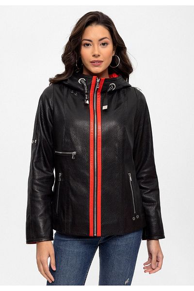 Deriderim Black Marc Zippered Wide Cut Women's Genuine Leather Coat