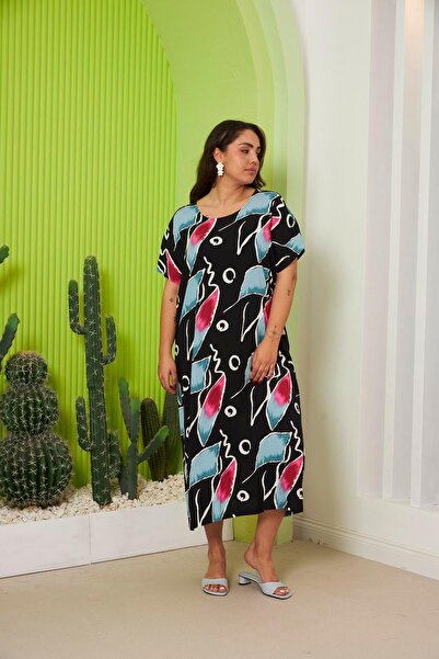 RMG Desenli Büyük Beden Günlük Fuşya Elbise