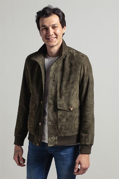 Deriderim Green Knox Men's Buttoned Lined Waist and Sleeve Knitwear College Genuine Suede Coat