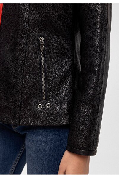 Deriderim Siyah Marc Fermuarlı Geniş Kesim Kadın Hakiki Deri Mont