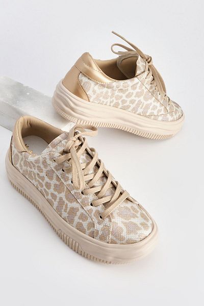 Marjin Damen Sneakers Dicke Sohle Schnürschuhe Sportschuhe Tales Beige Leopard