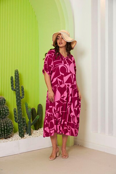 RMG Desenli Büyük Beden Elbise Vişne