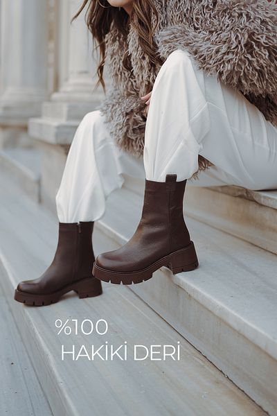 Marjin Women's Genuine Leather Daily Boots Thick Serrated Sole Fesco Brown