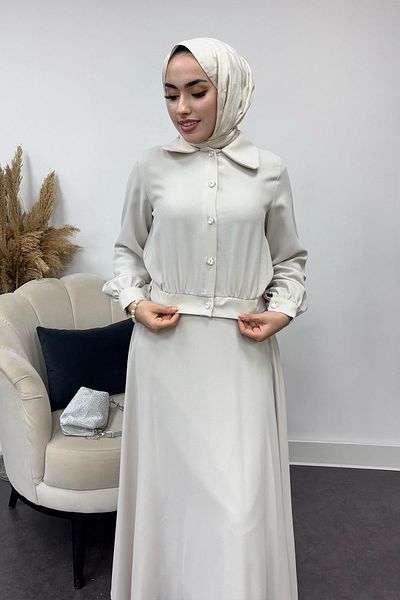 Tesettür Diyarı Women's Crepe Fabric Stone Buttoned Flared Skirt Suit