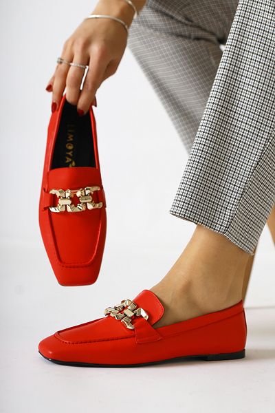 Limoya Asmin Genuine Leather Red Buckle Detailed Blunt Toe Casual Women's Shoes