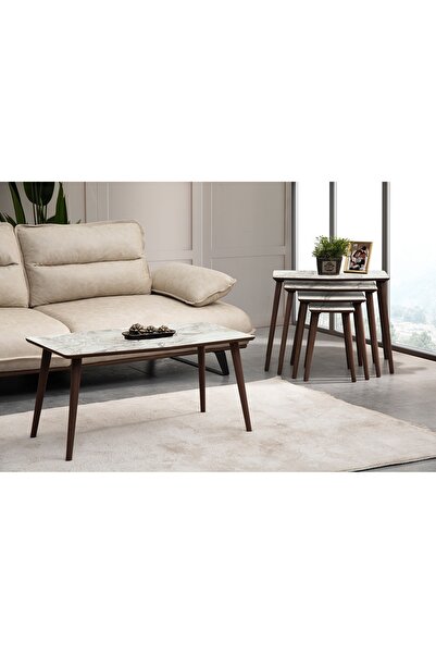 Vivense VEGA DÖRTLÜ ZİGON ORTA SEHPA SETİ, BEYAZ MERMER DESENLİ