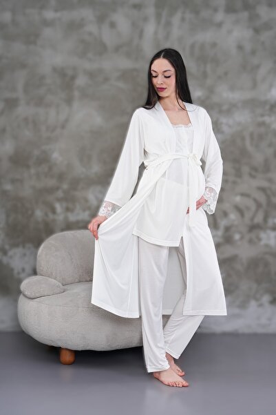 LOHOUSE Women's Ecru Lace Cotton Maternity Pajama Set of 3 with Dressing Gown