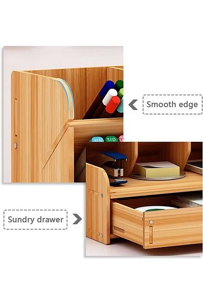 COOYA Wooden Pen Holder Storage Box Brown, with Holes and Drawers, for Stationery in Office and at Home