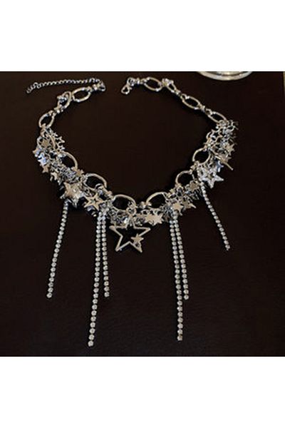 Choice Style 1 Silver Color Hollow Star Choker Necklaces For Women Long Tassel Rhinestone Imitation Pearl C