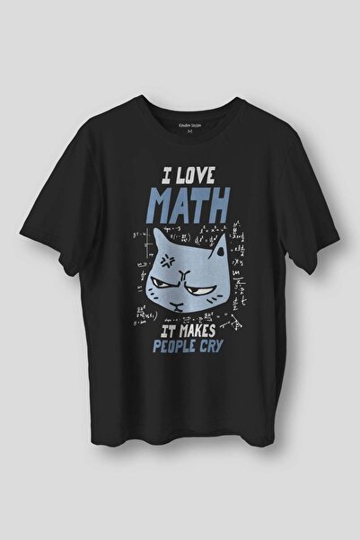 Kendim Seçtim Siyah Unisex Tişört I Love Math Matematik Formül Kedi Siyah T-shirt