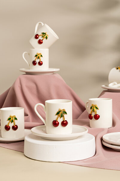 çarşıdayız 6 kişilik Kiraz Model  12 Parça Porselen Kahve Fincan Takımı - Şık...