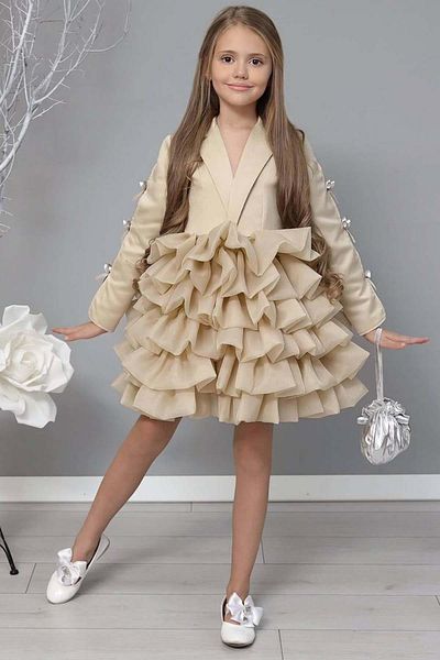 Riccotarz Girl's V-Neck Cut Sleeves Ribbon Detailed Layered Fabric Puffy Beige Evening Dress