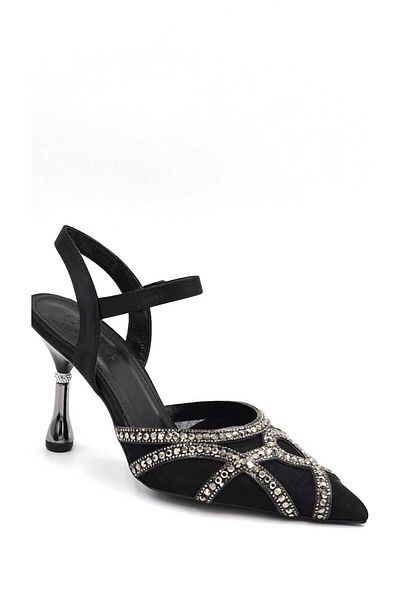 KİNDEP Kindep Damla Stone Detailed Closed Toe Heeled Women's Shoes Black