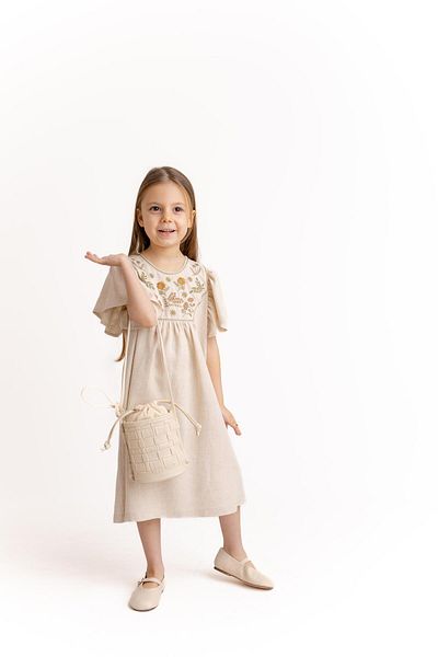 Oliven The Kid Rochie de fetiță din in brodat - Robe naturală